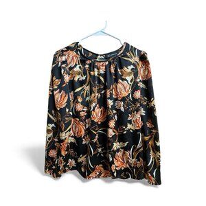 INC International Concepts Floral Blouse Black Orange Long Sleeve Top Size S